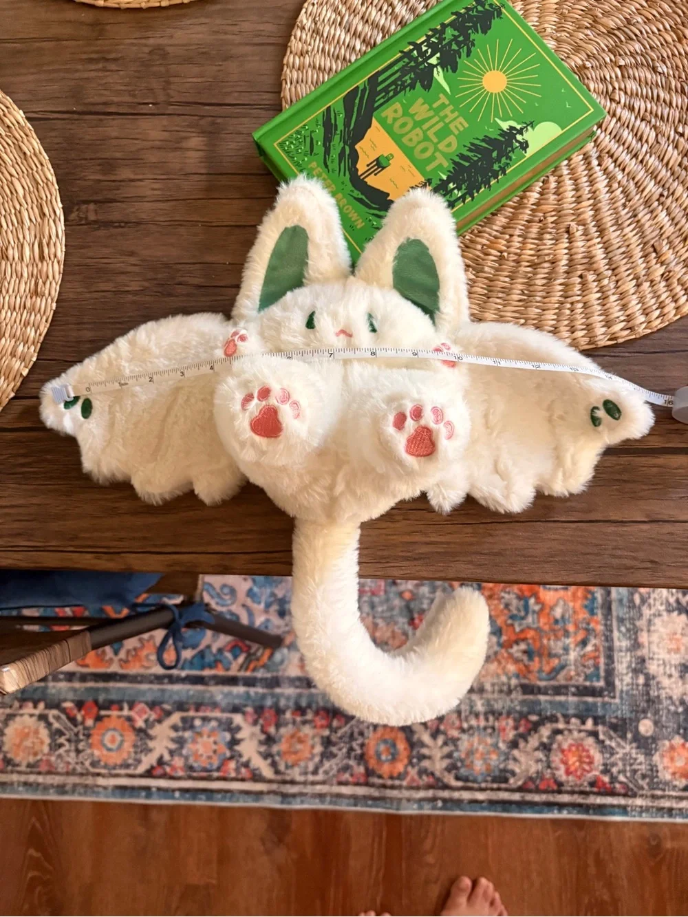 Plush White Bunny Bat Kids with Tail with Pink Paw Accents